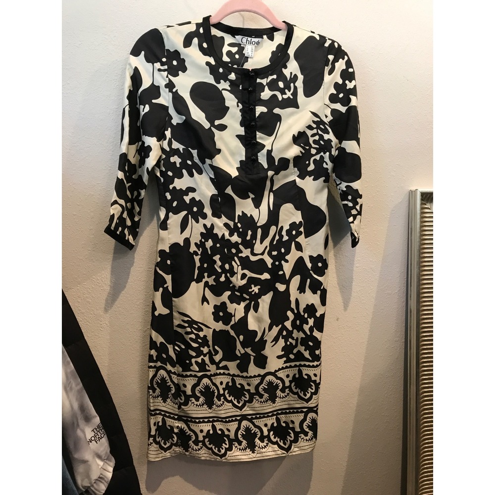 Chloe Womens Black White Abstract Floral Silk Blend Shift Dress Size 6 USA